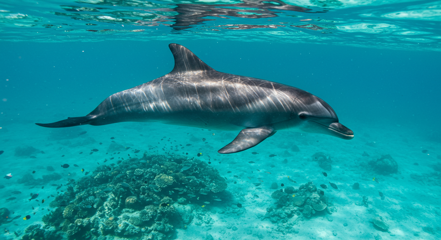 Bottlenose dolphin swimming over coral reef in clear turquoise water – dolphin tour in Hurghada, Red Sea Egypt